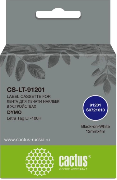 Картридж ленточный Cactus CS-LT-91201 91201 черный на белом 12x4 для Dymo Letra Tag LT-100H без чипа Картридж ленточный Cactus CS-LT-91201 91201 черный на белом 12x4 для Dymo Letra Tag LT-100H без чипа
