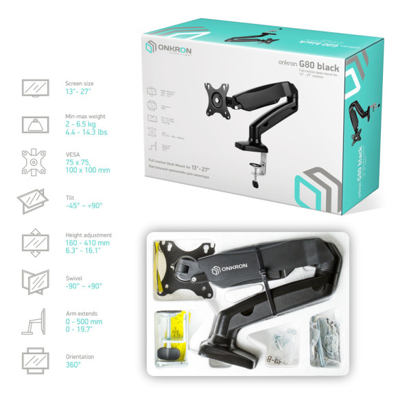 Кронштейн для мониторов Onkron G80 черный 13"-32" макс.8кг настольный поворот и наклон верт.перемещ. Кронштейн для мониторов Onkron G80 черный 13"-32" макс.8кг настольный поворот и наклон верт.перемещ.