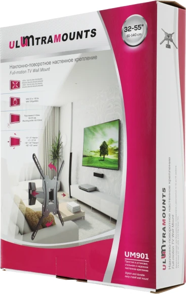Кронштейн для телевизора Ultramounts UM901 черный 32"-55" макс.30кг настенный поворотно-выдвижной и наклонный