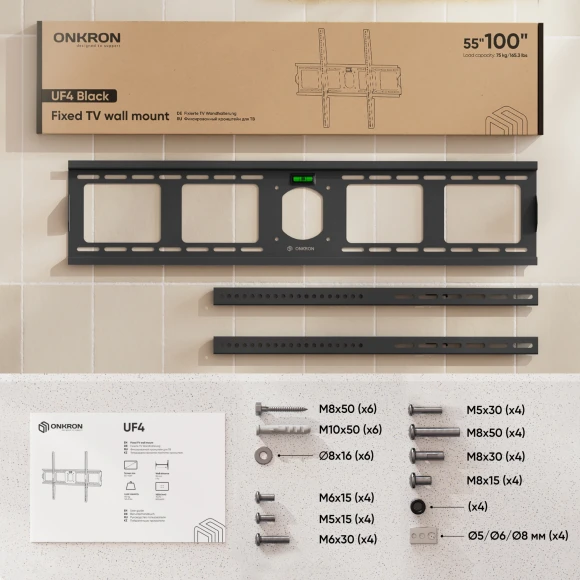 Кронштейн для телевизора Onkron UF4 черный 55"-100" макс.75кг настенный фиксированный Кронштейн для телевизора Onkron UF4 черный 55"-100" макс.75кг настенный фиксированный