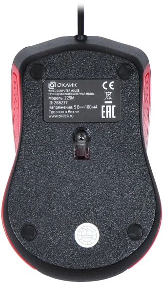 Мышь Оклик 225M черный/красный оптическая 1200dpi USB для ноутбука 3but (288237)