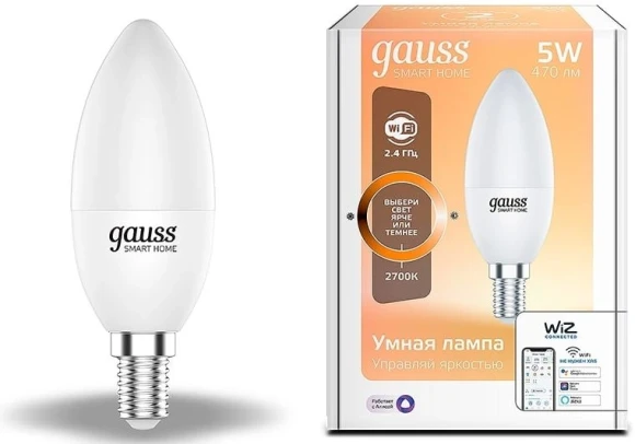 Умная лампа Gauss IoT Smart Home E14 5Вт 470lm Wi-Fi (упак.:1шт) (1100112)