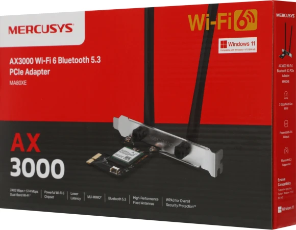 Сетевой адаптер Wi-Fi + Bluetooth Mercusys MA80XE AX3000 PCI Express (ант.внеш.несъем.) 2ант.