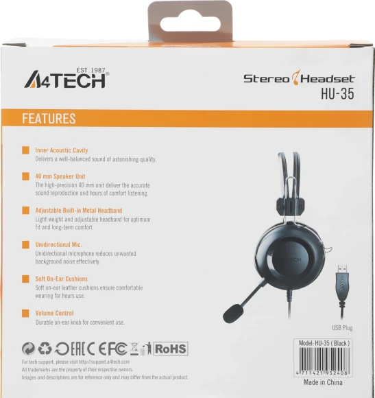 Наушники с микрофоном A4Tech HU-35 черный 2м накладные USB оголовье