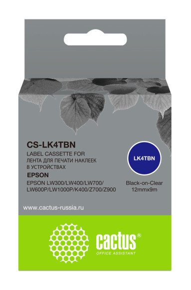 Картридж ленточный Cactus CS-LK4TBN LK-4TBN черный на прозрачном 12x9 для Epson LW300/LW400/LW700/LW600P/LW1000P/K400/Z700/Z900