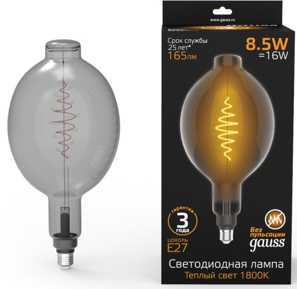 Лампа филам. Gauss Filament Vase 8.5Вт цок.:E27 свеча 220B 1800K св.свеч.бел.теп. (упак.:1шт) (180802005)