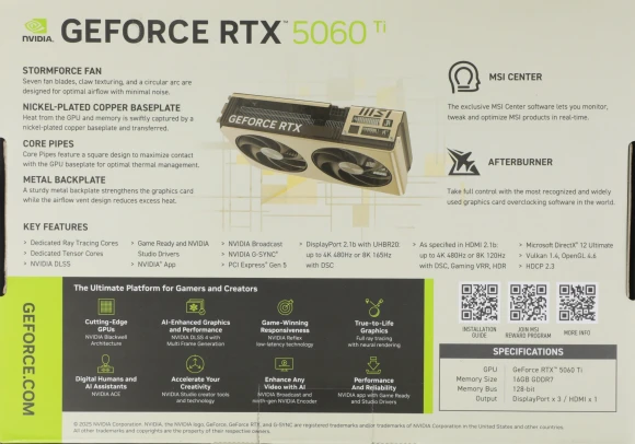 Видеокарта MSI PCI-E 5.0 RTX 5060 TI 16G INSPIRE 2X NVIDIA GeForce RTX 5060TI 16Gb 128bit GDDR7 2572/28000 HDMIx1 DPx3 HDCP Ret