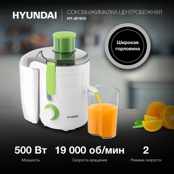 Соковыжималка центробежная Hyundai HY-JE1615 500Вт рез.сок.:450мл. белый/зеленый Соковыжималка центробежная Hyundai HY-JE1615 500Вт рез.сок.:450мл. белый/зеленый