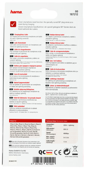 Кабель Hama 00187212 USB (m)-Lightning (m) 1.5м черный