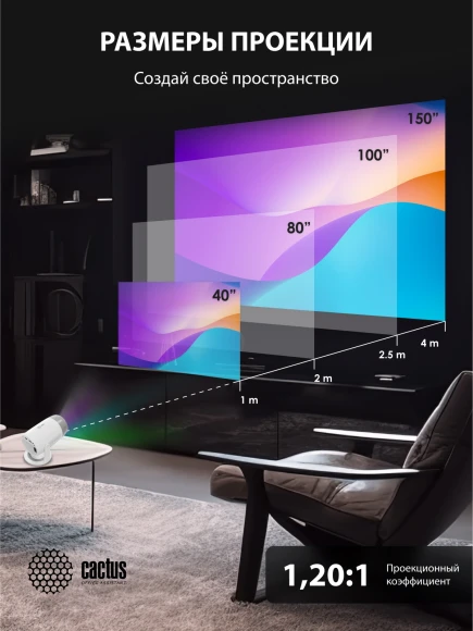 Проектор Cactus CS-PRE.01WT.Full HD-A LCD 7300Lm LS 250Lm ANSI (1920x1080) 1500:1 ресурс лампы:50000часов 1xUSB typeA 1xHDMI 1кг