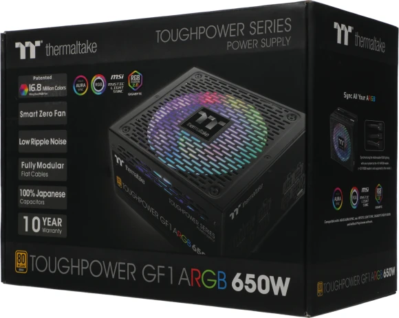 Блок питания Thermaltake ATX 650W Toughpower GF1 ARGB 80+ gold (20+4pin) APFC 140mm fan color LED 9xSATA Cab Manag RTL