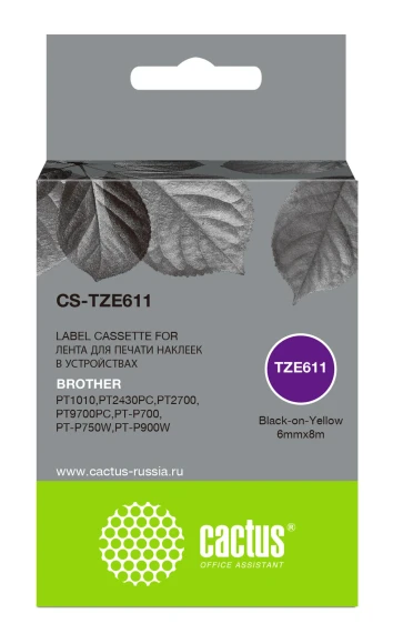 Картридж ленточный Cactus CS-TZE611 TZe-611 черный на желтом 6x8 для Brother 1010/1280/1280VP/2700VP