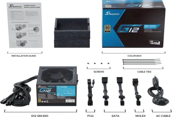 Блок питания Seasonic ATX 650W G12 GM-650 80+ gold (20+4pin) APFC 120mm fan 6xSATA RTL