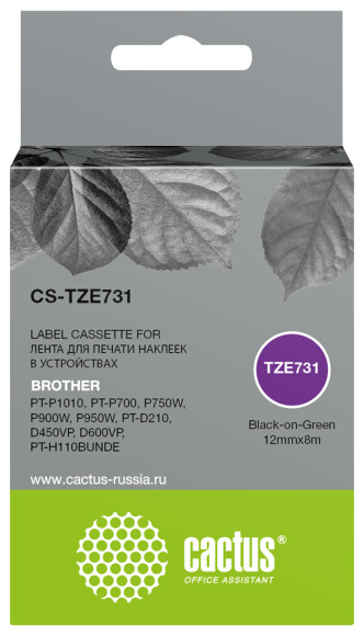 Картридж ленточный Cactus CS-TZE731 TZe-731 черный на зеленом 12x8 для Brother PT-P1010, PT-P700, P750W, P900W, P950W, PT-D210, D450VP, D600VP, PT-H110BUNDE