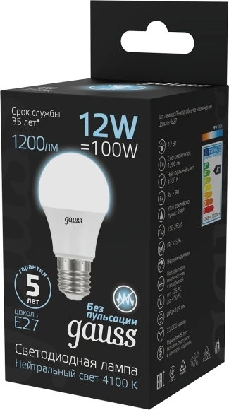 Лампа светодиодная Gauss A60 12Вт цок.:E27 груша 220B св.свеч.бел.нейт. A60 (упак.:1шт) (102502212) Лампа светодиодная Gauss A60 12Вт цок.:E27 груша 220B св.свеч.бел.нейт. A60 (упак.:1шт) (102502212)