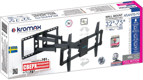 Кронштейн для телевизора Kromax ATLANTIS-70 черный 32"-75" макс.101кг настенный поворотно-выдвижной и наклонный Кронштейн для телевизора Kromax ATLANTIS-70 черный 32"-75" макс.101кг настенный поворотно-выдвижной и наклонный