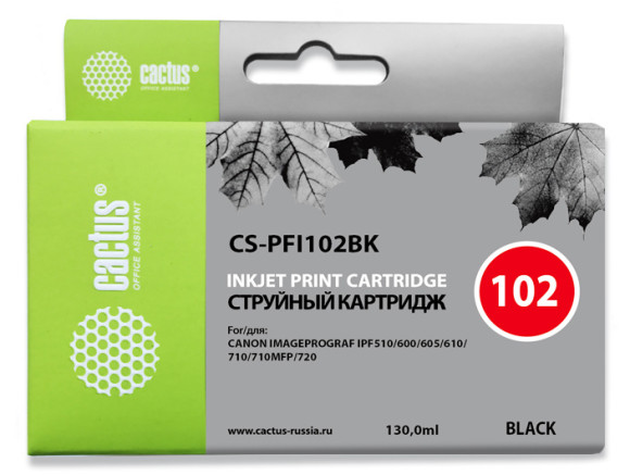Картридж струйный Cactus CS-PFI102BK PFI-102 BK черный (130мл) для Canon iPF500/iPF600/iPF700/ MFP M40/iPF765/LP17/LP24