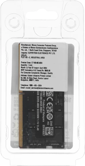 Память DDR5 16Gb 4800MHz Crucial CT16G48C40S5 RTL PC5-38400 CL40 SO-DIMM 288-pin 1.1В dual rank Ret