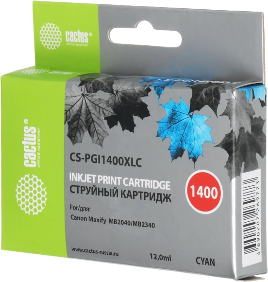 Картридж струйный Cactus CS-PGI1400XLC PGI-1400 голуб.пигм. (12мл) для Canon MB2050/MB2350/MB2040/MB2340 с чипом