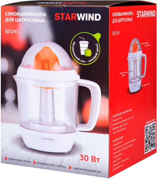 Соковыжималка цитрусовая Starwind SJ1241 30Вт рез.сок.:1200мл. белый/прозрачный Соковыжималка цитрусовая Starwind SJ1241 30Вт рез.сок.:1200мл. белый/прозрачный