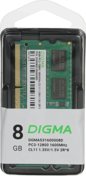 Память DDR3 8GB 1600MHz Digma DGMAS31600008D RTL PC3-12800 CL11 SO-DIMM 204-pin 1.35В dual rank Ret Память DDR3 8GB 1600MHz Digma DGMAS31600008D RTL PC3-12800 CL11 SO-DIMM 204-pin 1.35В dual rank Ret