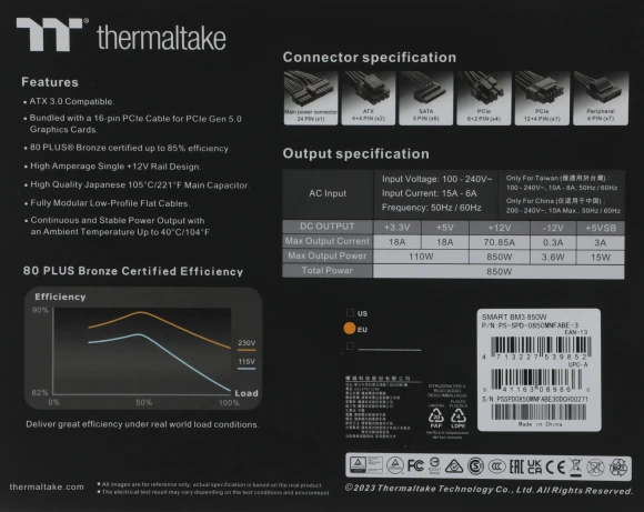 Блок питания Thermaltake ATX 850W Smart BM3 Gen.5 80+ bronze (20+4pin) APFC 120mm fan 6xSATA Cab Manag RTL Блок питания Thermaltake ATX 850W Smart BM3 Gen.5 80+ bronze (20+4pin) APFC 120mm fan 6xSATA Cab Manag RTL