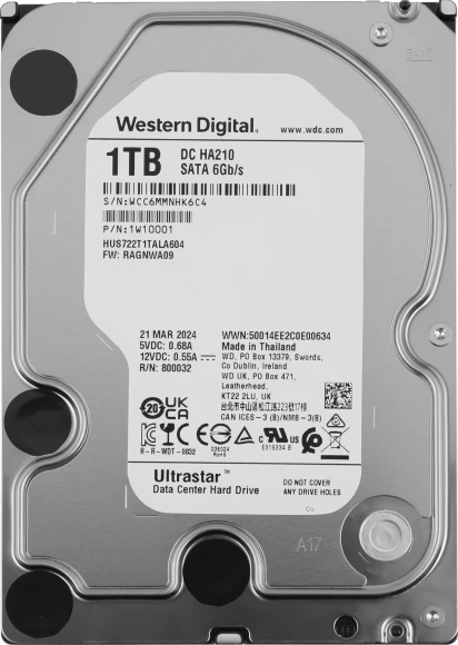 Жесткий диск WD SATA-III 1TB 1W10001 HUS722T1TALA604 NAS Ultrastar DC HA210 512N (7200rpm) 128Mb 3.5"