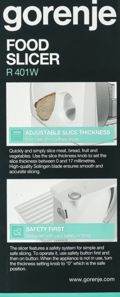 Ломтерезка Gorenje R401W 100Вт (нарезка до 17мм) белый Ломтерезка Gorenje R401W 100Вт (нарезка до 17мм) белый