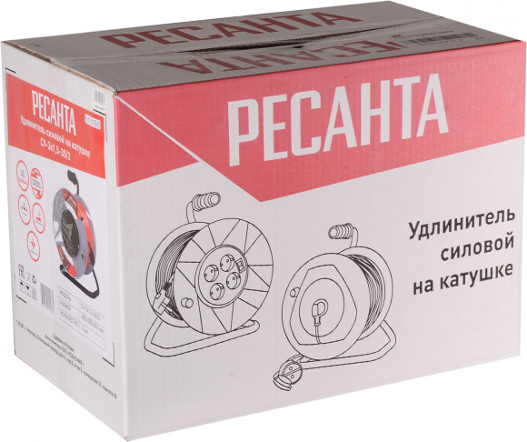 Удлинитель силовой Ресанта СУ-3х1,5-30/2 (61/118/6) 2x1.0кв.мм 4розет. 40м ПВС катушка серый