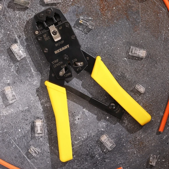 Инструмент обжимной Rexant HT-200R 12-3442 для RJ-45/RJ-12/RJ-11 желтый Инструмент обжимной Rexant HT-200R 12-3442 для RJ-45/RJ-12/RJ-11 желтый