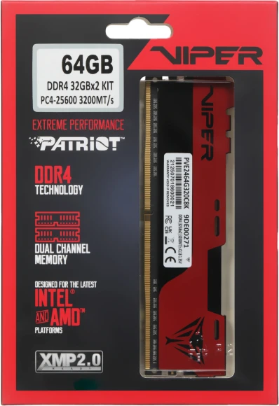 Память DDR4 2x32Gb 3200MHz Patriot PVE2464G320C8K Viper Elite II RTL Gaming PC4-25600 CL18 DIMM 288-pin 1.35В kit с радиатором Ret
