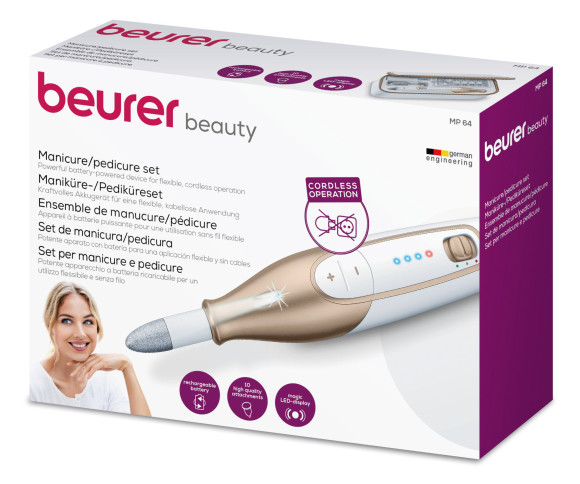Маникюрно-педикюрный набор Beurer MP64 насадок в компл.:10шт (подсветка) золотистый/белый Маникюрно-педикюрный набор Beurer MP64 насадок в компл.:10шт (подсветка) золотистый/белый