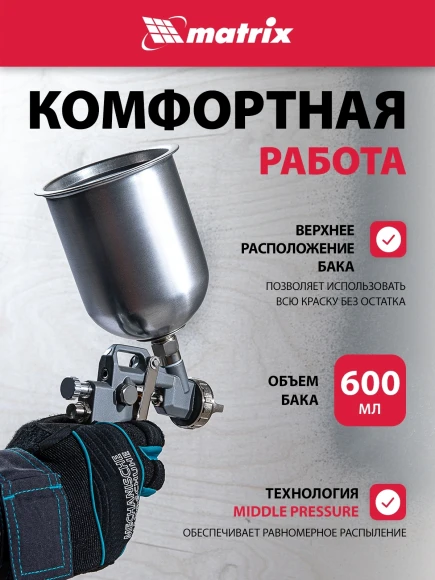 Краскораспылитель Matrix 57314 230л/мин соп.:1.8мм бак:0.6л серебристый