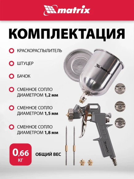 Краскораспылитель Matrix 57314 230л/мин соп.:1.8мм бак:0.6л серебристый