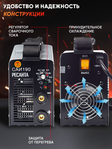 Сварочный аппарат Ресанта САИ-190 инвертор ММА DC 6.5кВт Сварочный аппарат Ресанта САИ-190 инвертор ММА DC 6.5кВт