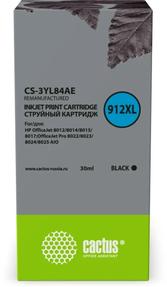 Картридж струйный Cactus CS-3YL84AE 912XL черный (30мл) для HP OfficeJet 8012/8014/8015/8017;OfficeJet Pro 8022/8023/8024/8025 AIO Картридж струйный Cactus CS-3YL84AE 912XL черный (30мл) для HP OfficeJet 8012/8014/8015/8017;OfficeJet Pro 8022/8023/8024/8025 AIO