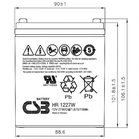 Батарея для ИБП CSB HR1227W F2 12В 7.5Ач
