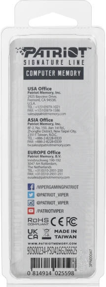 Память DDR4 16Gb 2666MHz Patriot PSD416G26662S Signature RTL PC4-21300 CL19 SO-DIMM 260-pin 1.2В dual rank Ret