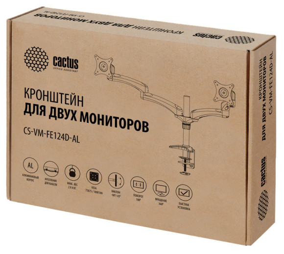 Кронштейн для мониторов Cactus CS-VM-FE124D-AL серебристый 15"-27" макс.8кг настольный поворот и наклон Кронштейн для мониторов Cactus CS-VM-FE124D-AL серебристый 15"-27" макс.8кг настольный поворот и наклон