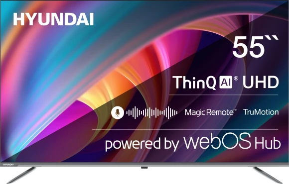 Телевизор LED Hyundai 55" H-LED55BU7100 WebOS Frameless Metal серый/серый 4K Ultra HD 60Hz MEMC DVB-T DVB-T2 DVB-C DVB-S DVB-S2 USB WiFi Smart TV