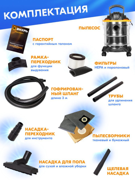 Строительный пылесос Вихрь СП-1500/20 1500Вт (уборка: сухая/влажная/выдув) серый