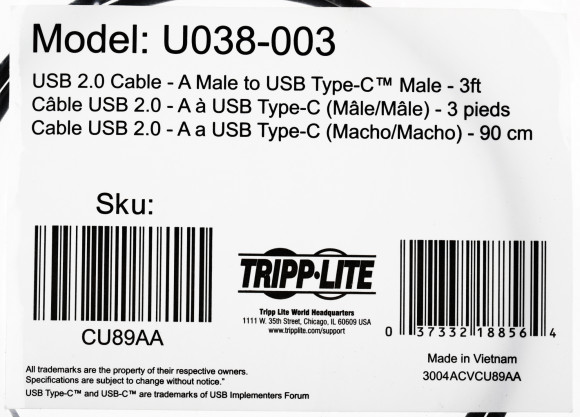 Кабель Tripplite U038-003 USB (m)-USB Type-C (m) 0.9м черный