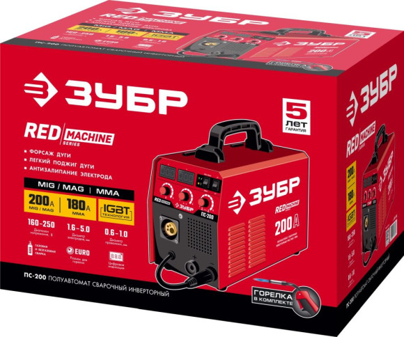 Сварочный полуавтомат Зубр ПС-200 инвертор MIG-MAG/ММА DC 6.4кВт Сварочный полуавтомат Зубр ПС-200 инвертор MIG-MAG/ММА DC 6.4кВт