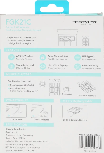 Числовой блок A4Tech FGK21C белый USB беспроводная slim для ноутбука