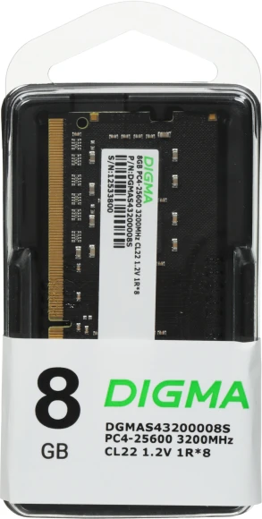Память DDR4 8Gb 3200MHz Digma DGMAS43200008S RTL PC4-25600 CL22 SO-DIMM 260-pin 1.2В single rank Ret