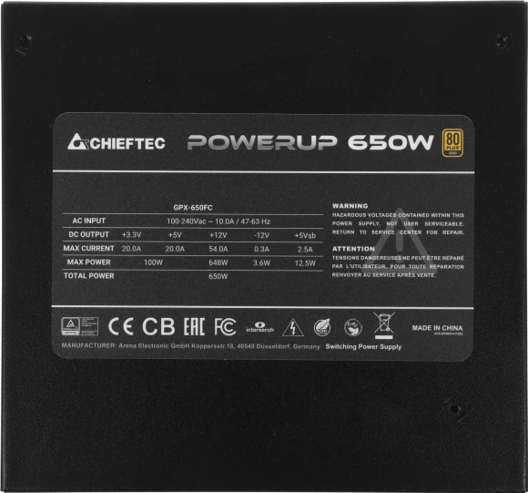 Блок питания Chieftec ATX 650W PowerUp GPX-650FC 80+ gold (20+4pin) APFC 120mm fan 9xSATA Cab Manag RTL