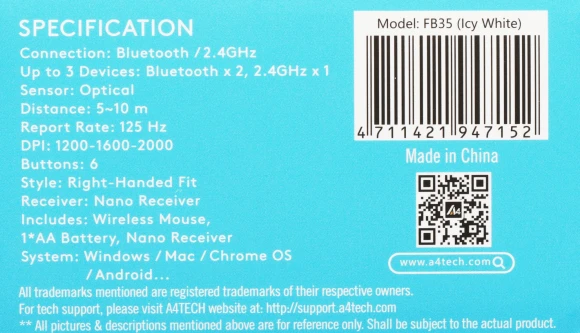 Мышь A4Tech Fstyler FB35 белый/серый оптическая 2000dpi беспров. BT/Radio USB для ноутбука 6but (FB35 ICY WHITE)