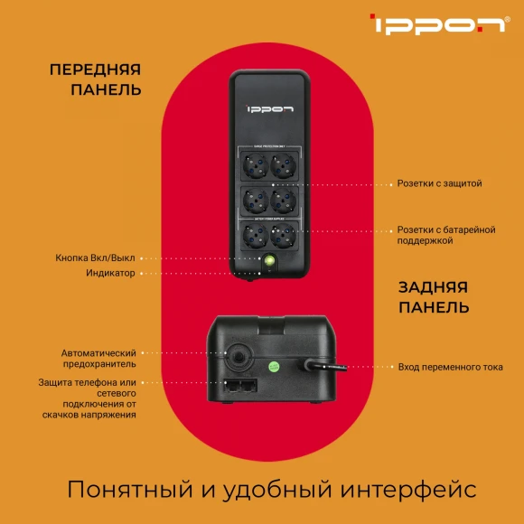 Источник бесперебойного питания Ippon Back Verso 600 300Вт 600ВА черный