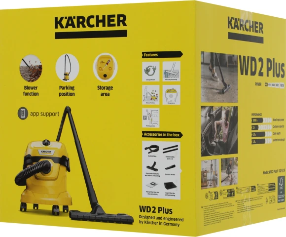 Строительный пылесос Karcher WD 2 Plus V-12/4/18 1000Вт (уборка: сухая/сбор воды) желтый