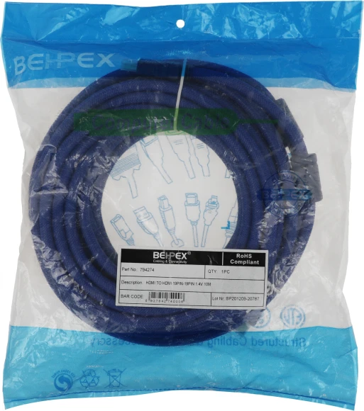 Кабель аудио-видео HDMI (m)/HDMI (m) 10м. феррит.кольца позолоч.конт. синий Кабель аудио-видео HDMI (m)/HDMI (m) 10м. феррит.кольца позолоч.конт. синий